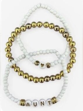 White & Gold Stretch Bracelet Set — 'AUNT' Beaded Stack